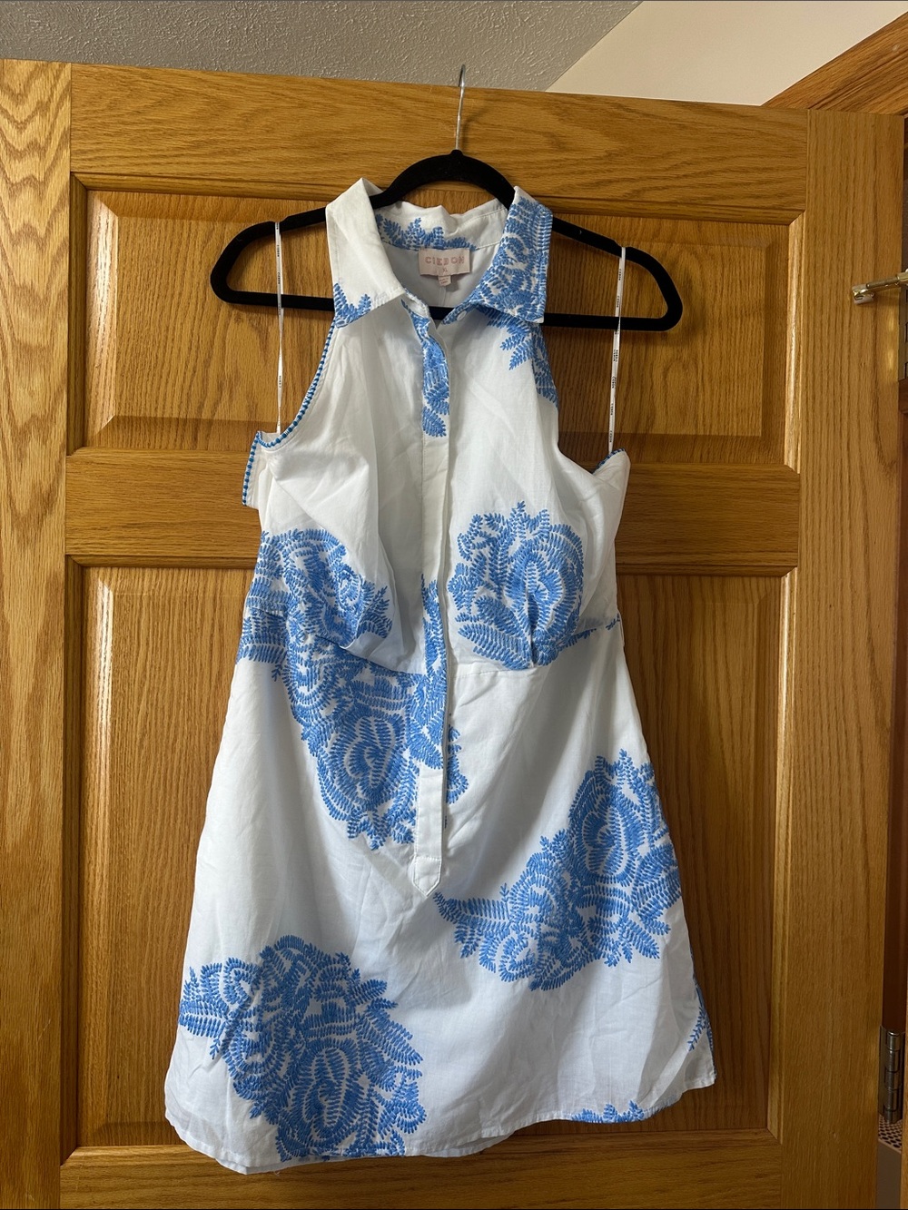 Collared White Mini Dress with Blue Floral Print